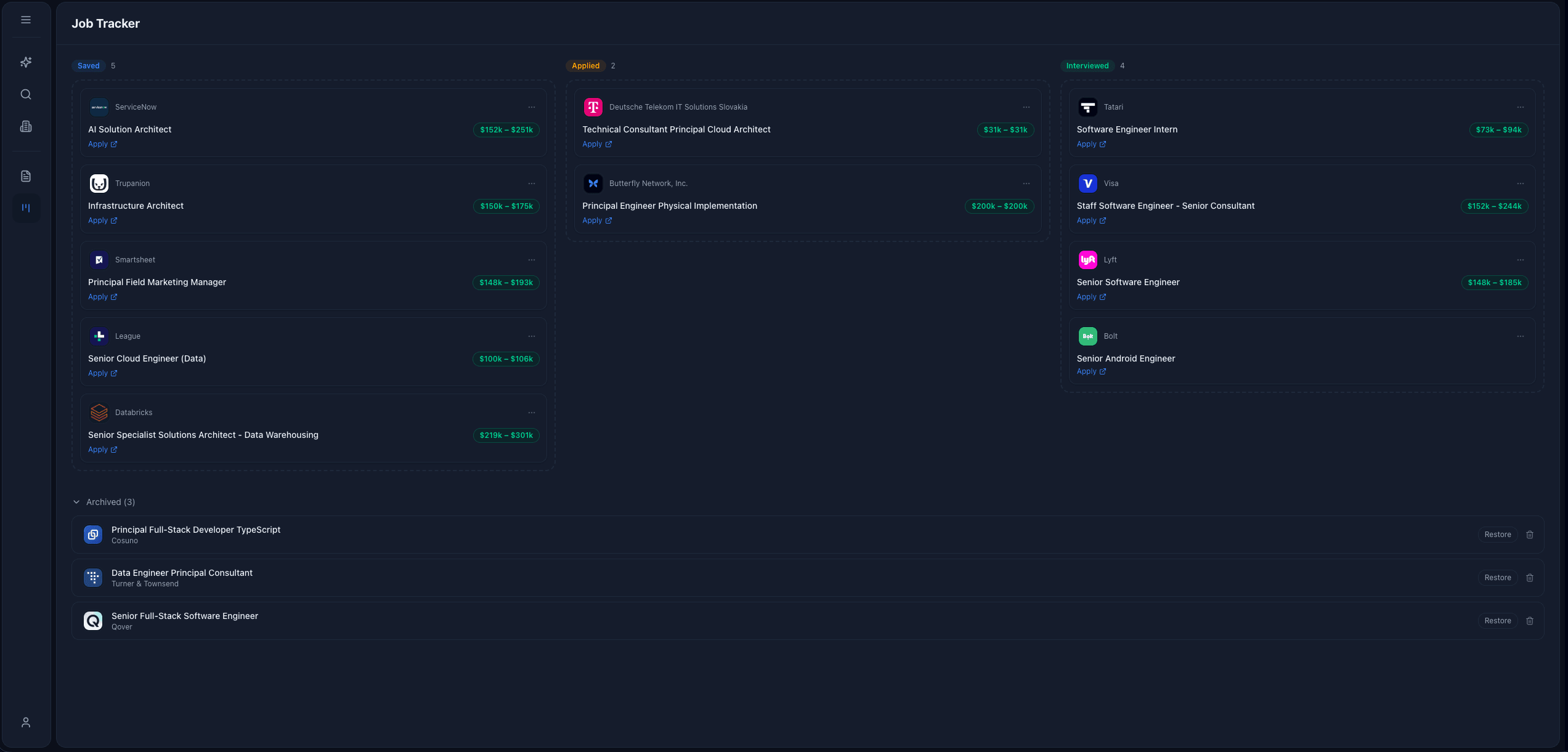 Job tracker kanban board showing Saved, Applied, and Interviewed columns