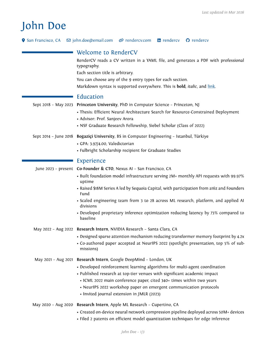 ModernCV CV template preview — Tech · Startup