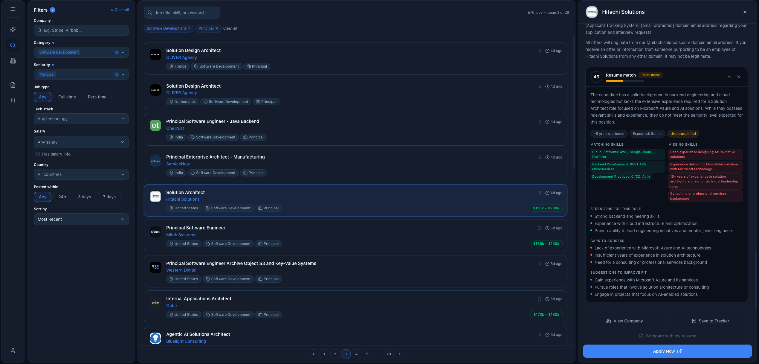 Job detail panel showing resume match score report with skills and suggestions