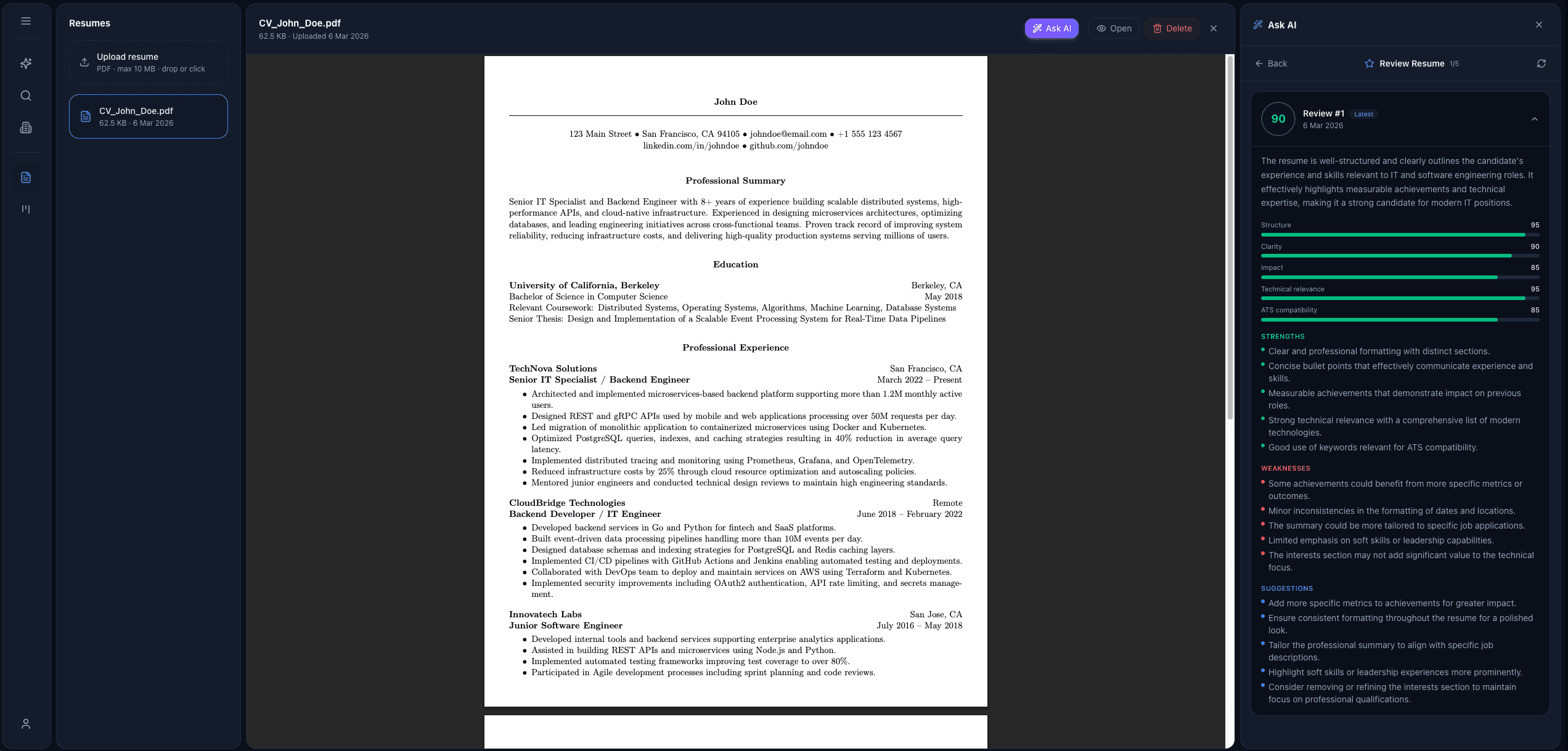 Resume page with AI review score and suggestions