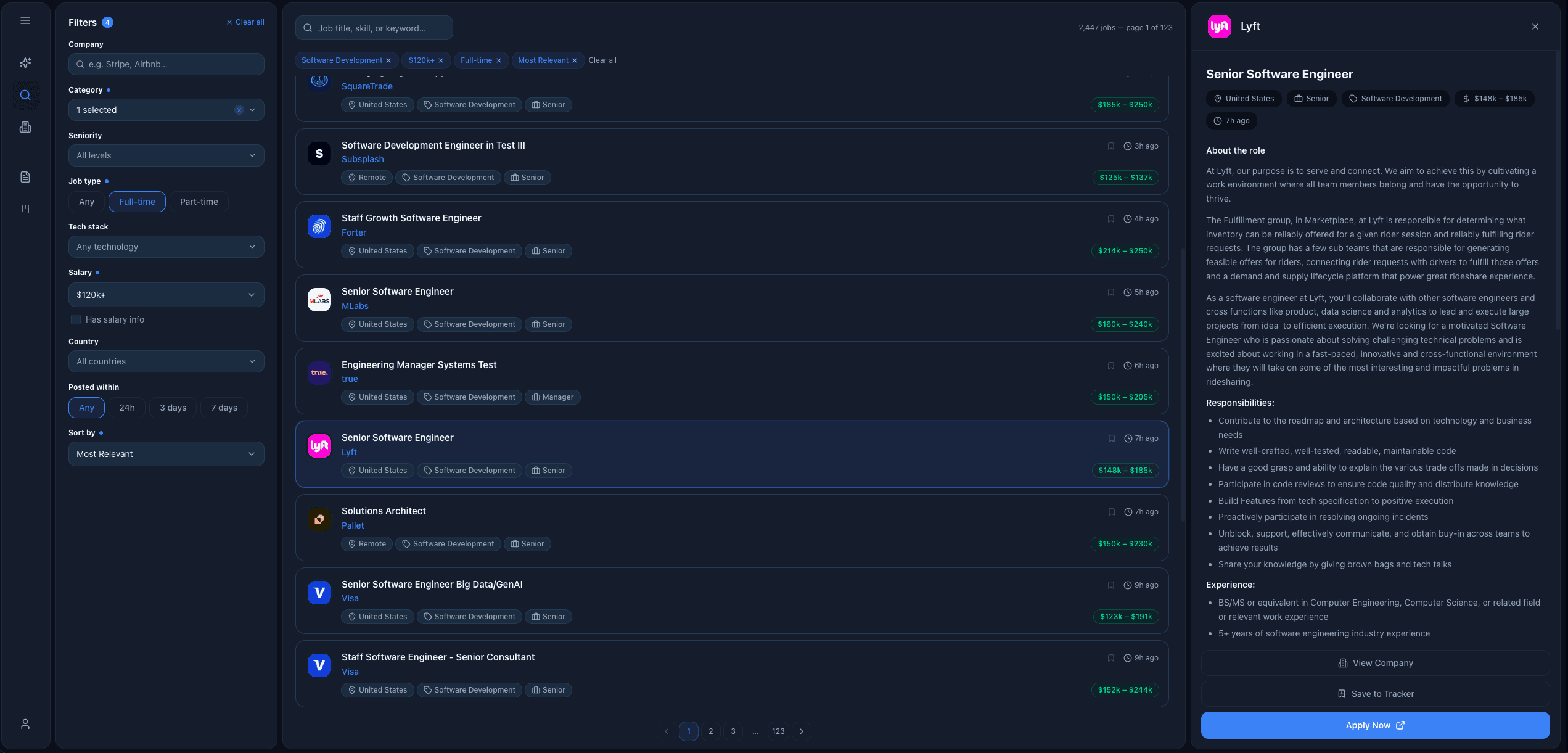Job search page with detail panel open